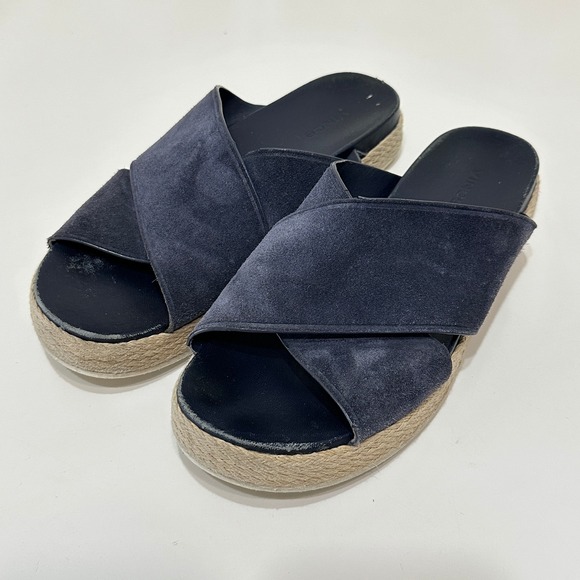 Vince Suede Espadrille Platform Slides Navy Blue Casual Sandals Womens 8 Resort - Picture 1 of 13